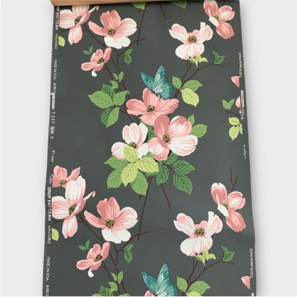 Vintage Botanical Floral Dogwood and Butterfly Birge Wallpaper from the 30s-40s